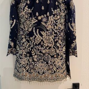 Embroidered Navy Dress with Gold Accents